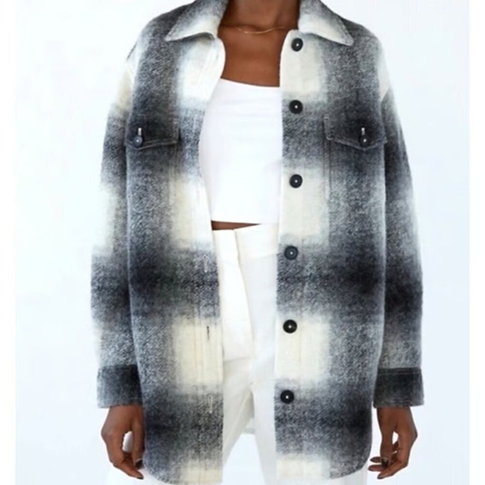 Aritzia Wilfred Free Midi Wool Plaid Ganna Shacket Long Black White Size XS